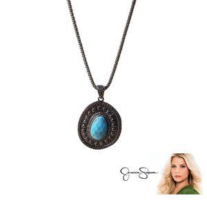 Jessica Simpson Turquoise Stone Silver Tone Medallion Oblong Statement Necklace